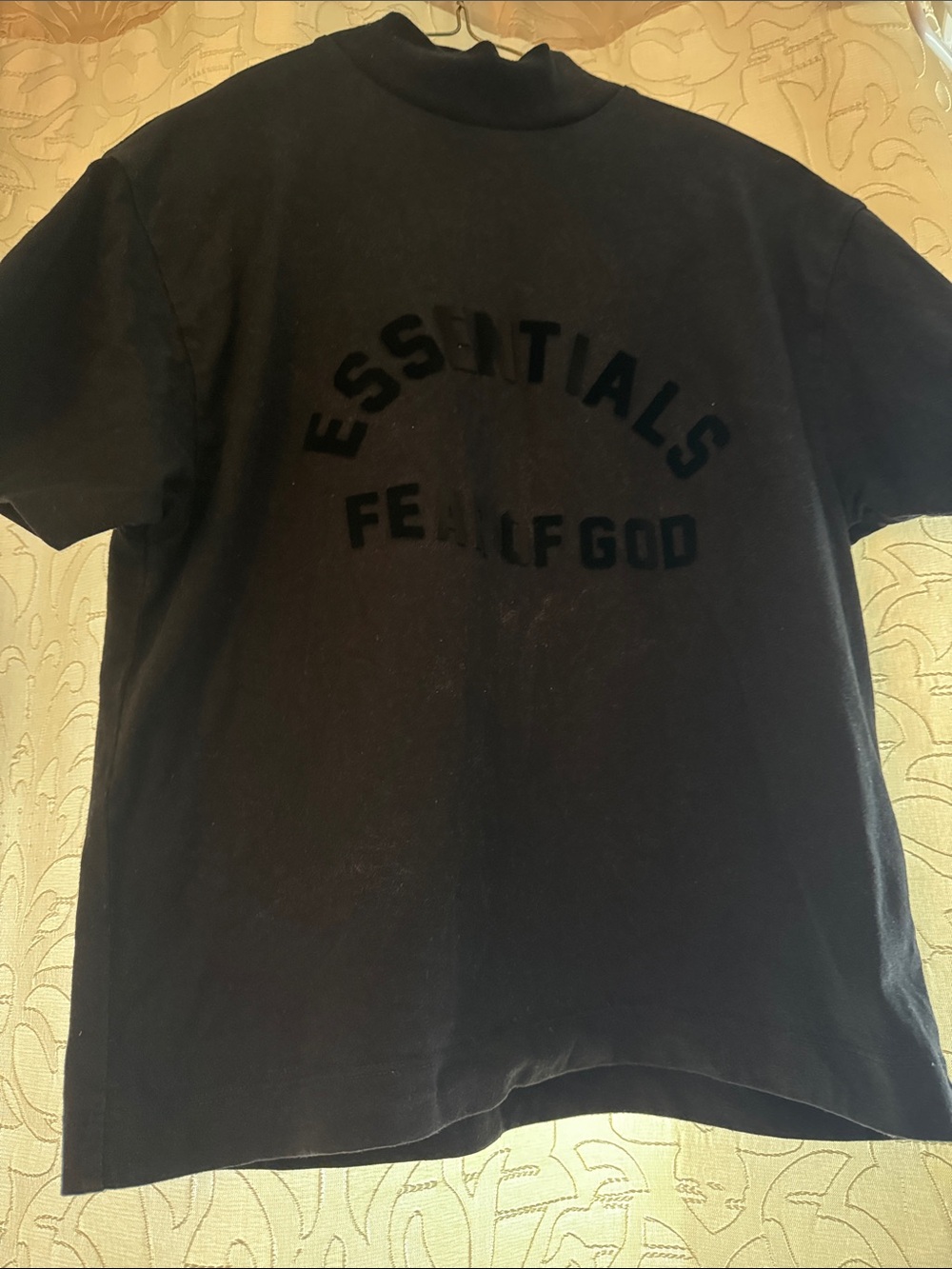 Fear of God Essentials Black Velvet Logo Short Sleeve Tee, Boys size 6/7